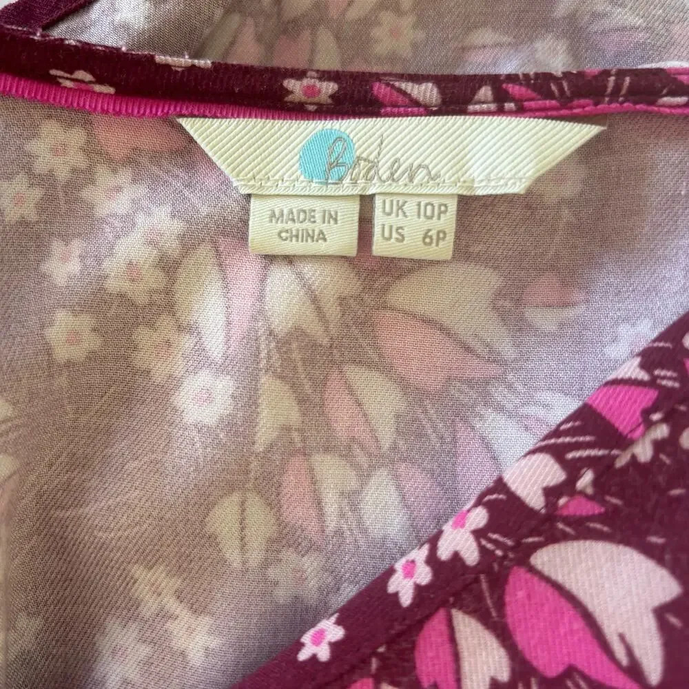 Boden Easy Midi Dress Mulled Wine Autumnal Leaves Burgundy Floral Soft Size 6P - Picture 5 of 6